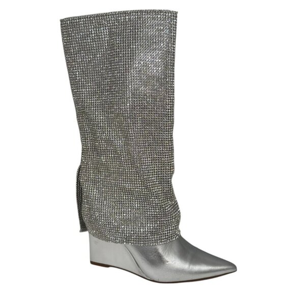 Steve Madden Riski Metallic Leather Rhinestone Foldover Tall Wedge Boots NEW - Picture 1 of 10